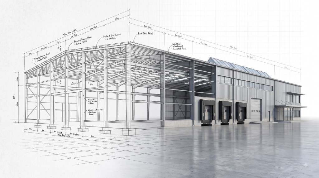 Industrial Factory Shed - Blueprint to Finished Render